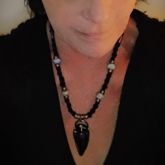 Copper-Toned Obsidian Arrowhead with Moonstone on 23" Handmade Black Hemp Chain - Picture 2 of 6